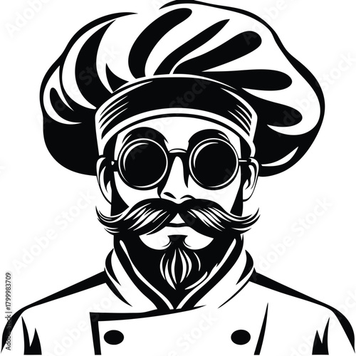 Bearded chef with glasses and toque is monochrome, embodying culinary artistry masterfully