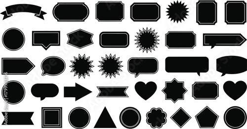 Set of various black silhouette graphic design elements. A diverse collection of blank labels, tags, and banners