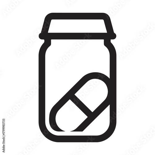 Outline icon of a pill bottle with a capsule inside Keywords: medicine, pills, capsules, bottle, container