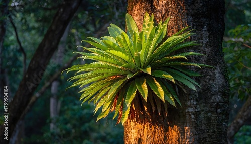 Bird’s nest fern (Asplenium nidus) growing naturally attached to a tree trunk in a tropical rainforest. The natural ecosystem of humid tropical forests. 