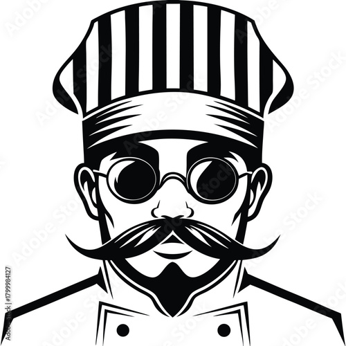 A chef portrait displays striped toque, circular spectacles, and twirled mustache in monochrome
