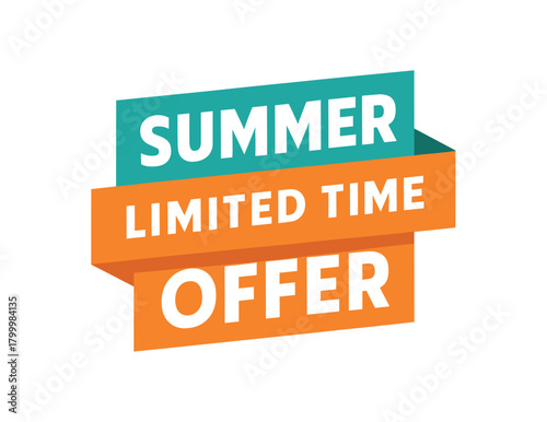 Flat vector banner design text Summer Limited Time Offer bold geometric font turquoise and orange palette ribbon folded shape
