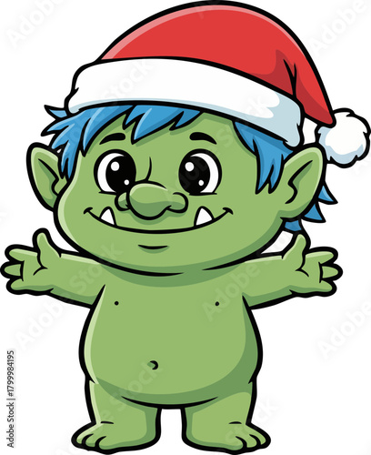 Friendly green monster wearing a Santa hat and smiling