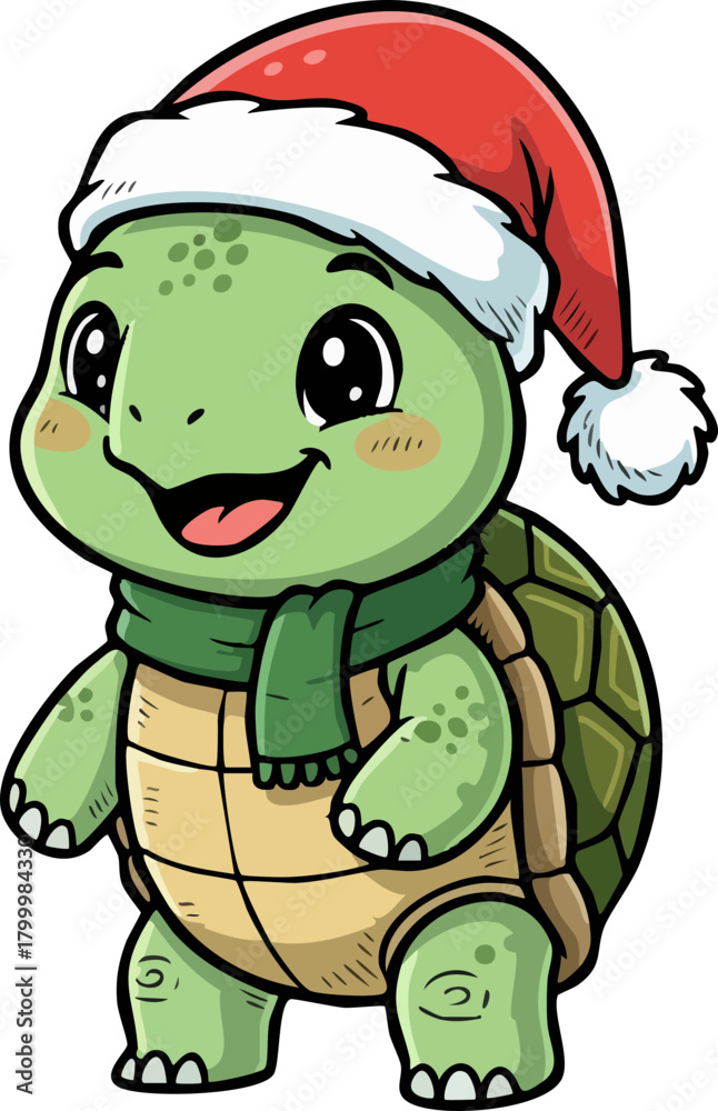 Fototapeta premium Cute cartoon turtle wearing Santa hat and scarf happy Christmas