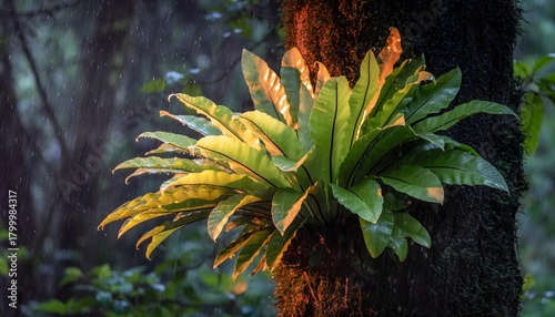 Bird’s nest fern (Asplenium nidus) growing naturally attached to a tree trunk in a tropical rainforest. The natural ecosystem of humid tropical forests. 