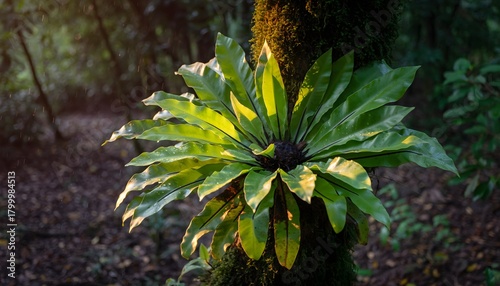 Bird’s nest fern (Asplenium nidus) growing naturally attached to a tree trunk in a tropical rainforest. The natural ecosystem of humid tropical forests. 