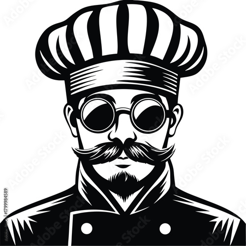 Black and white chef portrait showcases a mustache, beard, and round glasses within his ensemble