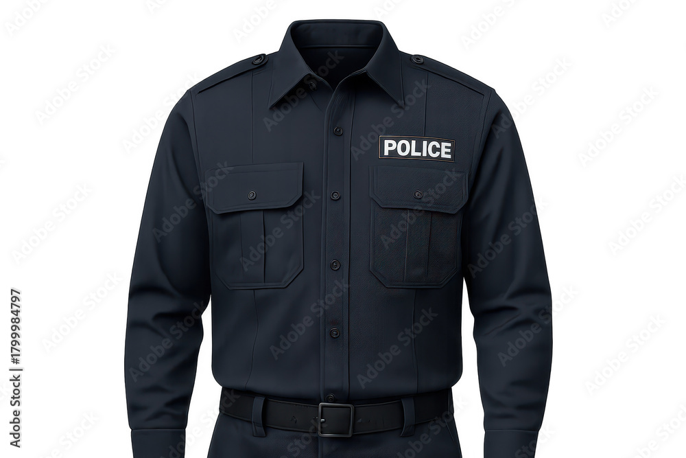 Naklejka premium Police uniform shirt, dark blue, 'POLICE' patch, isolated, transparent B.G.