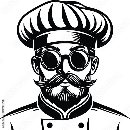 Black and white chef icon with glasses displays serious kitchen authority