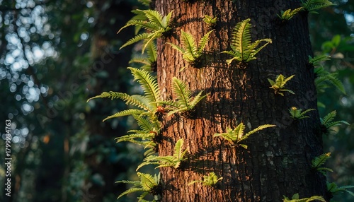Bird’s nest fern (Asplenium nidus) growing naturally attached to a tree trunk in a tropical rainforest. The natural ecosystem of humid tropical forests. 