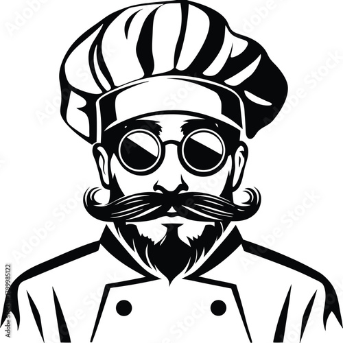 Bearded chef with glasses wears a toque and white uniform, showcased in monochrome