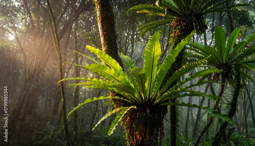 Bird’s nest fern (Asplenium nidus) growing naturally attached to a tree trunk in a tropical rainforest. The natural ecosystem of humid tropical forests. 
