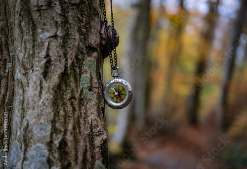 vintage compass on chain in forest