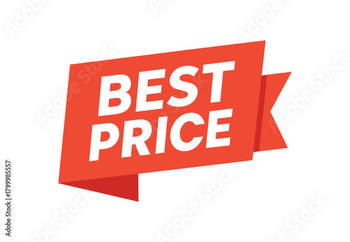 Flat vector banner design text Best Price bold geometric font red and white palette ribbon folded shape