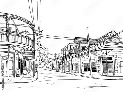 Old street in New Orleans. USA. Louisiana. Hand drawn illustration. Black and white vector illustration. Urban sketch. Line art. Postcards style. Urban landscape without people.