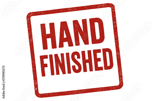 stamp HAND FINISHED uppercase bold font red ink pad texture slightly angled worn edge details