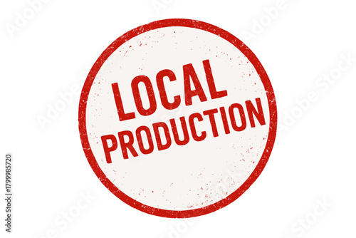 Round stamp LOCAL PRODUCTION uppercase red ink smudge texture slightly rotated grunge vector style
