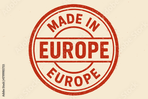 Circular seal MADE EUROPE thick uppercase type double border worn red ink ink bleed texture