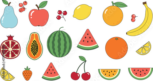 Fresh fruit vector set with watermelon, cherries, papaya, pomegranate, pear, orange, lemon, banana and summer tropical healthy food design