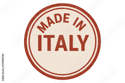 Round stamp MADE ITALY uppercase seriffree font ink grain texture red rustic look circular double outline