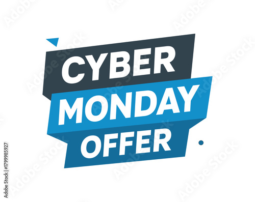 Flat vector banner design text Cyber Monday Offer bold geometric font blue and dark gray palette ribbon folded shape