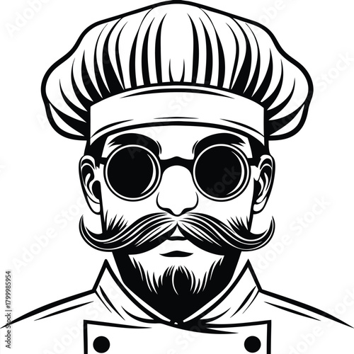 Distinguished chef sporting mustache and round glasses adds character to this black and white design