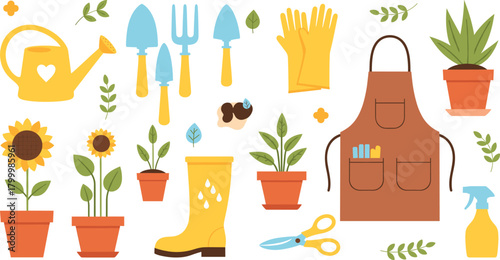 Gardening tools and plants vector set with watering can, gloves, apron, flower pots, scissors, boots and garden equipment clipart