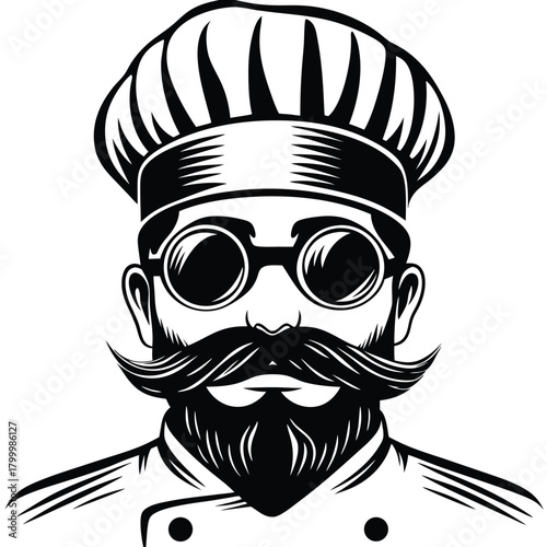 Bearded chef with glasses wears a hat and uniform in black and white