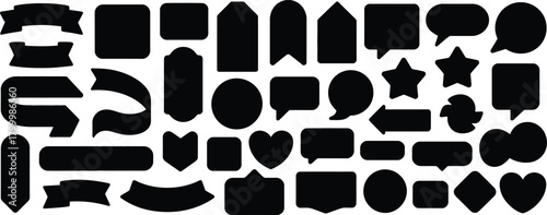 Collection of Various Black Silhouettes Ribbons, Tags, Speech Bubbles, Stars, Hearts, Arrows, and Geometric Shapes for Design Elements