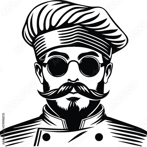 Detailed drawing depicts a mustached chef wearing shades and a traditional chef's hat