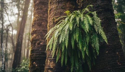 Bird’s nest fern (Asplenium nidus) growing naturally attached to a tree trunk in a tropical rainforest. The natural ecosystem of humid tropical forests. 