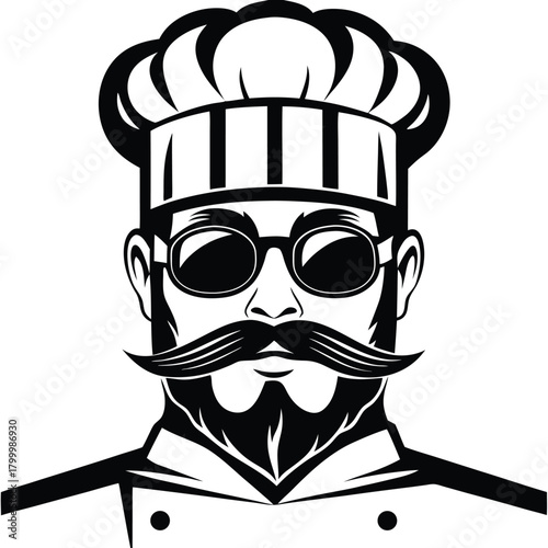 Detailed illustration reveals a chef wearing glasses and a large mustache in black and white