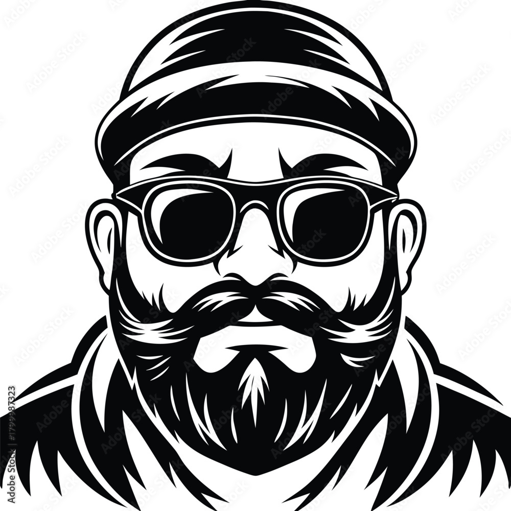 Obraz premium Bearded man wears sunglasses and a toque, rendered in bold black lines on white