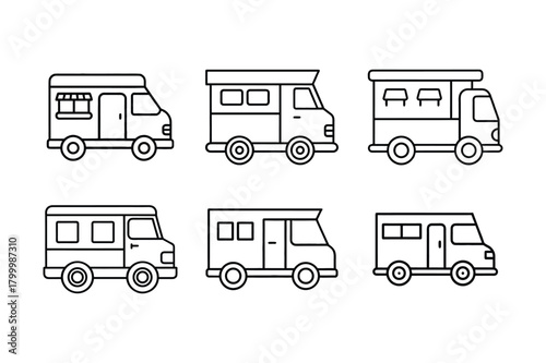 Food truck collection in line art style set of vector illustration