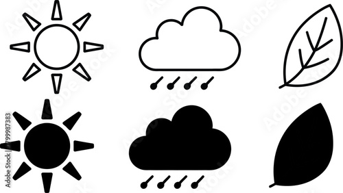 Weather Icons Sun, Clouds, and Leaves. A Set of Black and White Vector Symbols for Meteorological and Seasonal Themes