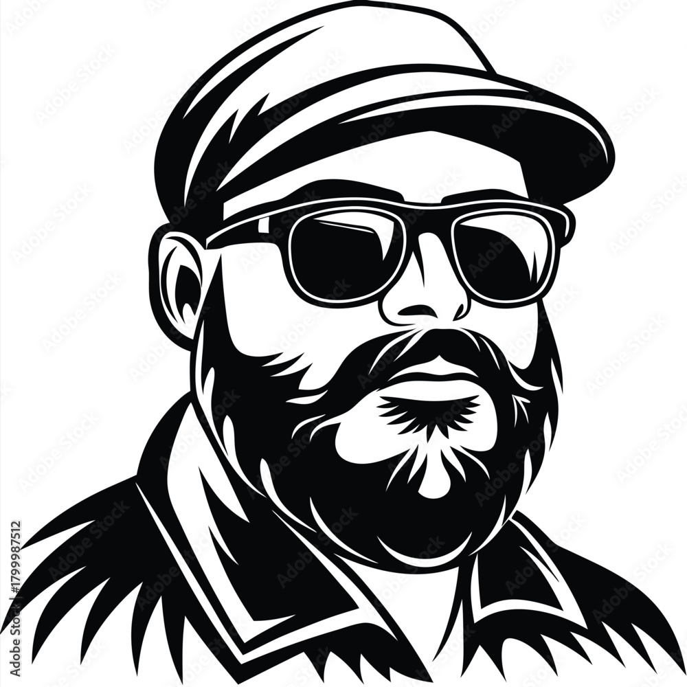 Obraz premium Bearded man in a cap wearing glasses looks forward in a black and white image