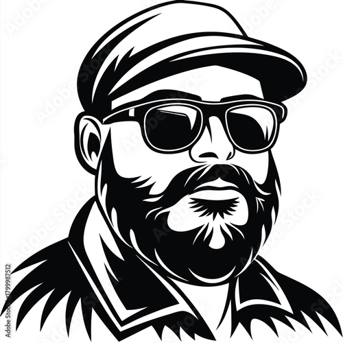 Bearded man in a cap wearing glasses looks forward in a black and white image