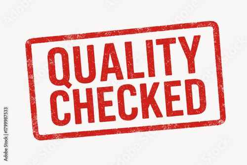 Rectangular stamp QUALITY CHECKED condensed letters red ink pad texture print pressure realistic grunge effect isolated on white background