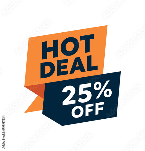 Flat vector banner design text Hot Deal 25% Off bold geometric font orange and navy palette ribbon folded shape