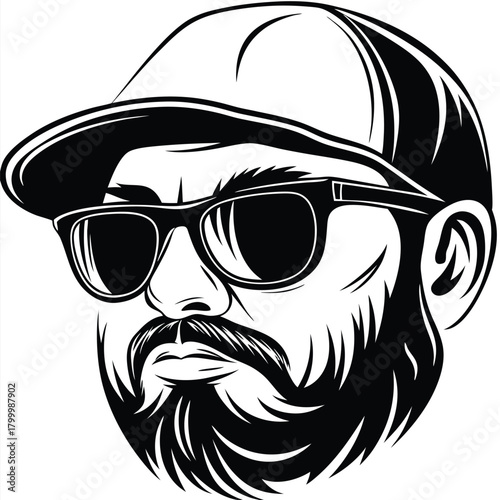 Black and white illustration portrays a bearded man wearing sunglasses and a baseball cap