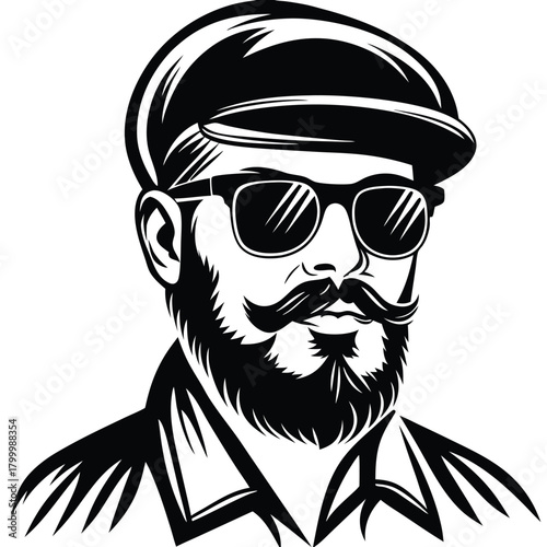 Bearded man with a mustache, wearing sunglasses and a cap looks stylish