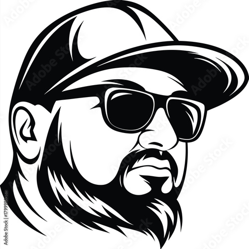 Bearded guy wearing sunglasses and a cap is looking cool in black and white