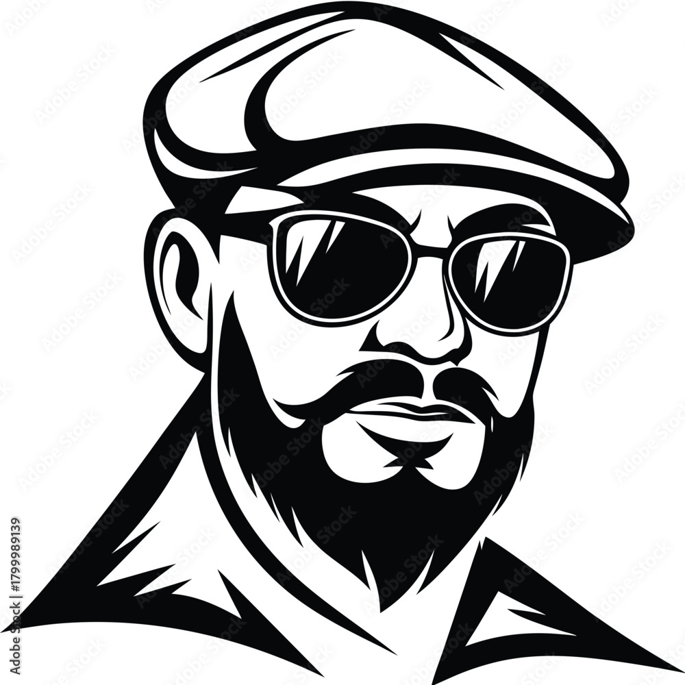 Fototapeta premium Bearded man with glasses and flat cap presents a stylish monochromatic vibe