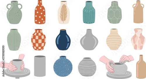 Pottery and ceramic vases vector set with handcrafted clay pots, textured decorative vessels and hands shaping pottery on wheel artisan design