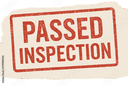 Rectangular label PASSED INSPECTION uppercase letters faded red ink print stamp texture