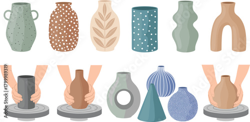 Pottery making vector set with ceramic vases, clay pots, hands shaping pottery on wheel, handmade boho decor and artisan ceramics design