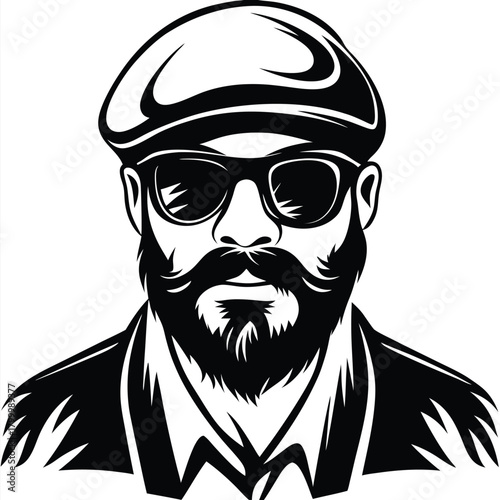 Bearded man in cap and sunglasses presents a stylish retro monochrome aesthetic