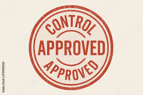 Round badge CONTROL APPROVED uppercase condensed letters faded red ink realistic pressure texture