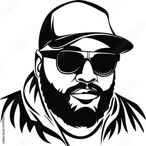 Black bearded man wearing sunglasses and a cap looks striking in this monochrome drawing