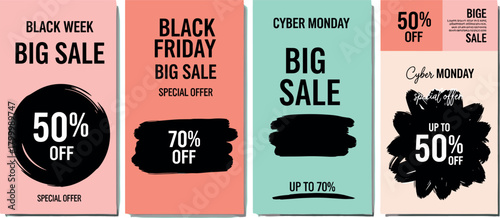 Collection of four Black Friday and Cyber Monday big sale promotional banners with 50% off discounts, creative brush stroke designs and vibrant color backgrounds for marketing